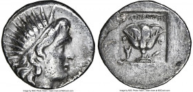 CARIAN ISLANDS. Rhodes. Ca. 188-170 BC. AR drachm (16mm, 12h). NGC Choice VF, scratches. Plinthophoric standard, Philocrates, magistrate. Radiate head...