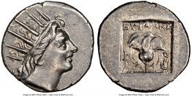 CARIAN ISLANDS. Rhodes. Ca. 88-84 BC. AR drachm (15mm, 11h). NGC Choice AU. Plinthophoric standard, Euphanes, magistrate. Radiate head of Helios right...