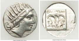 CARIAN ISLANDS. Rhodes. Ca. 88-84 BC. AR drachm (16mm, 2.48 gm, 12h). Choice XF. Plinthophoric standard, Philostratus, magistrate. Radiate head of Hel...