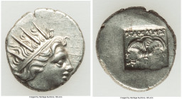 CARIAN ISLANDS. Rhodes. Ca. 88-84 BC. AR drachm (15mm, 2.48 gm, 12h). XF. Plinthophoric standard, Thrasymedes, magistrate. Radiate head of Helios righ...