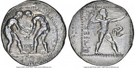 PAMPHYLIA. Aspendus. Ca. 380-325 BC. AR stater (23mm, 10.84 gm, 12h). NGC XF 4/5 - 4/5. Two wrestlers grappling; NF between (the N retrograde) / Sling...