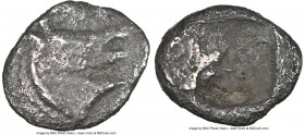 ASIA MINOR. Uncertain mint. Ca. 5th century BC. AR hemiobol (8mm, 0.46 gm). NGC Choice VF 5/5 - 2/5. Head of horse right / Rough incuse square. Cf. Tz...