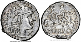 Cn. Lucretius Trio (ca. 136 BC). AR denarius (19mm, 3.93 gm, 11h). NGC MS 4/5 - 5/5. Rome. TRIO, head of Roma right, wearing winged helmet decorated w...