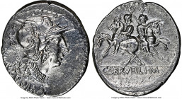 C. Servilius M.f. (ca. 136 BC). AR denarius (21mm, 3.71 gm, 6h). NGC Choice XF 5/5 - 2/5, brushed. Rome. ROMA, head of Roma right, wearing winged helm...