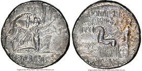 M. Aemilius Scaurus and P. Plautius Hypsaeus (ca. 58 BC). AR denarius (17mm, 3.60 gm, 4h). NGC AU 4/5 - 3/5. Rome. M•SCAVR / AED•CVR, kneeling figure ...