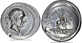 L. Marcius Philippus (57/6 BC). AR denarius (20mm, 3.94 gm, 9h). NGC Choice AU 4/5 - 2/5, flan flaw, graffito. Rome. ANCVS, diademed head of King Ancu...