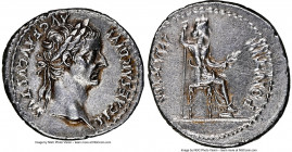 Tiberius (AD 14-37). AR denarius (20mm, 3.65 gm, 4h). NGC Choice AU 4/5 - 3/5, brushed. Lugdunum, ca. AD 15-18. TI CAESAR DIVI-AVG F AVGVSTVS, laureat...