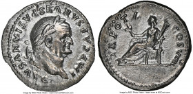 Vespasian (AD 69-79). AR denarius (20mm, 3.14 gm, 5h). NGC AU 5/5 - 3/5, brushed. Rome, AD 79. IMP CAESAR VESPASIANVS AVG, laureate head of Vespasian ...