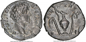 Marcus Aurelius, as Caesar (AD 161-180). AR denarius (18mm, 3.13 gm, 7h). NGC Choice XF 5/5 - 2/5. Rome, AD 140-144. AVRELIVS CAESAR-AVG PII F COS, ba...