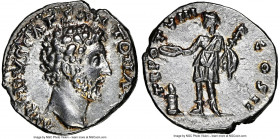 Marcus Aurelius, as Caesar (AD 161-180). AR denarius (17mm, 3.55 gm, 6h). NGC AU 4/5 - 4/5. AD 153-154. AVRELIVS CAES ANTON AVG, bare head of Marcus A...