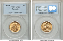 Edward VII gold Sovereign 1909-S MS62 PCGS, Sydney mint, KM15. AGW 0.2355 oz. 

HID09801242017

© 2020 Heritage Auctions | All Rights Reserved