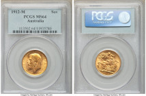 George V gold Sovereign 1912-M MS64 PCGS, Melbourne mint, KM29. Orange peel toning. AGW 0.2355 oz. 

HID09801242017

© 2020 Heritage Auctions | Al...