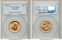 George V gold Sovereign 1913-S MS63 PCGS, Sydney mint, KM29.

HID09801242017

© 2020 Heritage Auctions | All Rights Reserved