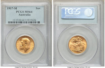 George V gold Sovereign 1917-M MS64 PCGS, Melbourne mint, KM29. Lustrous apricot-golden hue. 

HID09801242017

© 2020 Heritage Auctions | All Righ...
