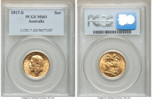 George V gold Sovereign 1917-S MS63 PCGS, Sydney mint, KM29. AGW 0.2355 oz. 

HID09801242017

© 2020 Heritage Auctions | All Rights Reserved