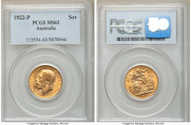 George V gold Sovereign 1922-P MS63 PCGS, Perth mint, KM29. AGW 0.2355 oz. 

HID09801242017

© 2020 Heritage Auctions | All Rights Reserved
