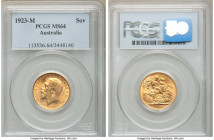 George V gold Sovereign 1923-M MS64 PCGS, Melbourne mint, KM29, S-3999. AGW 0.2355 oz. 

HID09801242017

© 2020 Heritage Auctions | All Rights Res...