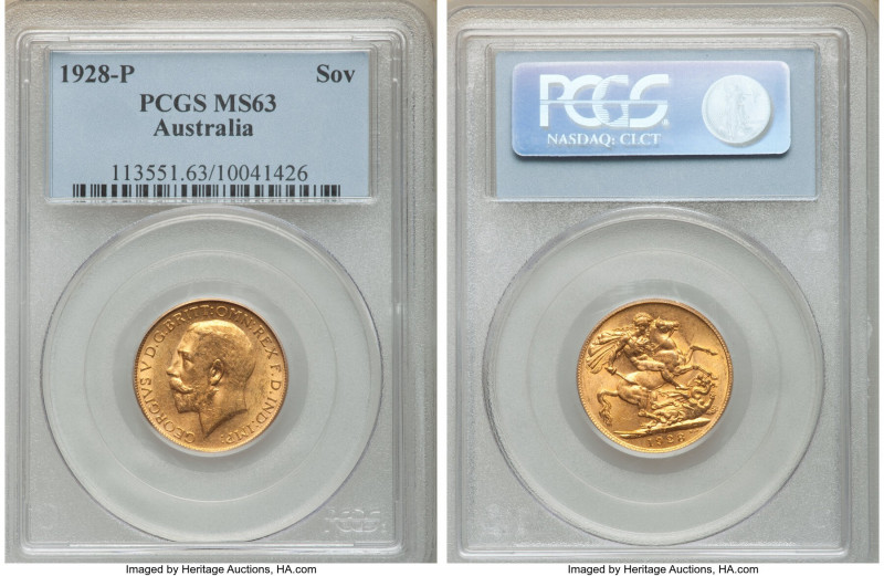 George V gold Sovereign 1928-P MS63 PCGS, Perth mint, KM29, S-4001. AGW 0.2355 o...