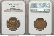 Belgian Colony 2 Francs 1943 MS63 NGC, Philadelphia mint, KM25. One year type. Olive, blue and red toned. 

HID09801242017

© 2020 Heritage Auctio...