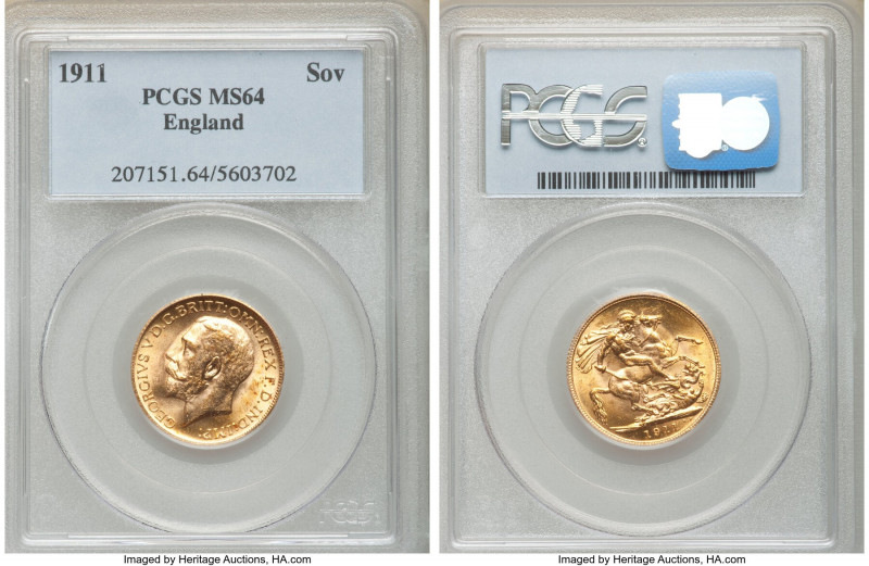 George V gold Sovereign 1911 MS64 PCGS, KM820, S-3996. First year of type. AGW 0...