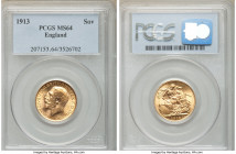 George V gold Sovereign 1913 MS64 PCGS, KM820. AGW 0.2355 oz. 

HID09801242017

© 2020 Heritage Auctions | All Rights Reserved