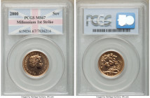 Elizabeth II gold Sovereign 2000 MS67 PCGS, KM1002. Tag notes "Millennium 1st Strike". AGW 0.2355 oz. 

HID09801242017

© 2020 Heritage Auctions |...