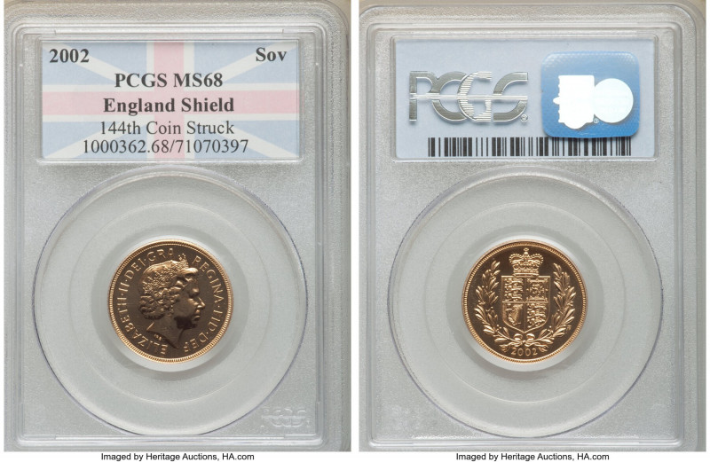 Elizabeth II gold Sovereign 2002 MS68 PCGS, KM1026. England Shield tag noting 14...
