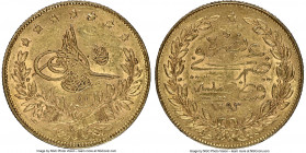 Ottoman Empire. Abdul Hamid II gold 100 Kurush AH 1293 Year 10 (1885/1886) AU58 NGC, Constantinople mint (in Turkey), KM730. AGW 0.2127 oz. 

HID098...