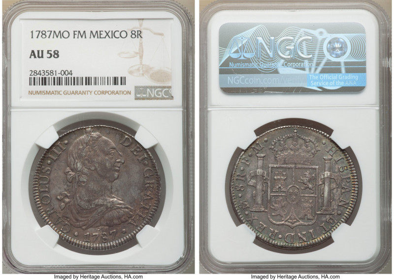 Charles III 8 Reales 1787 Mo-FM AU58 NGC, Mexico City mint, KM106.2a. Lovely old...