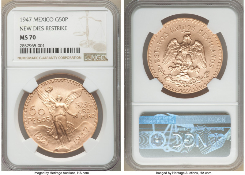 Estados Unidos gold Restrike 50 Pesos 1947 MS70 NGC, Mexico City mint, KM481. Ro...