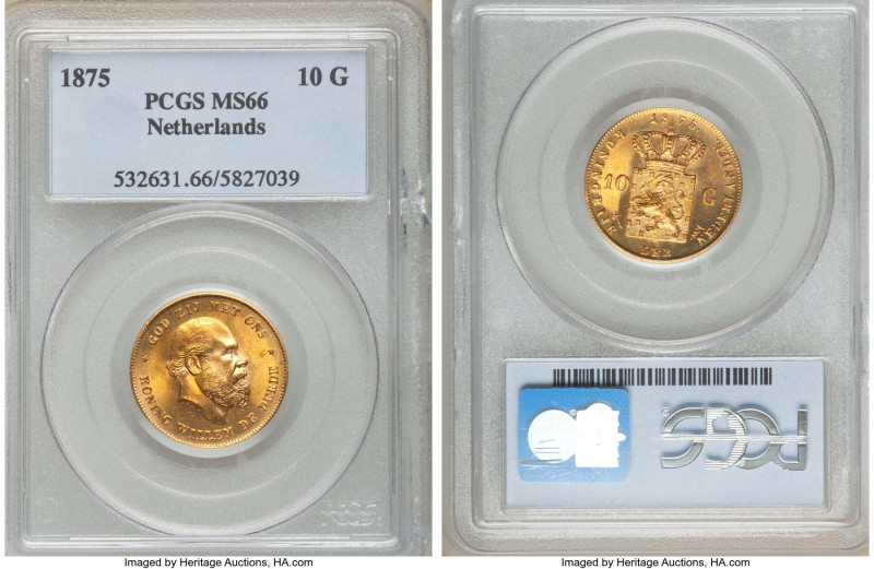 Willem III gold 10 Gulden 1875 MS66 PCGS, Utrecht mint, KM105. AGW 0.1947 oz. 
...