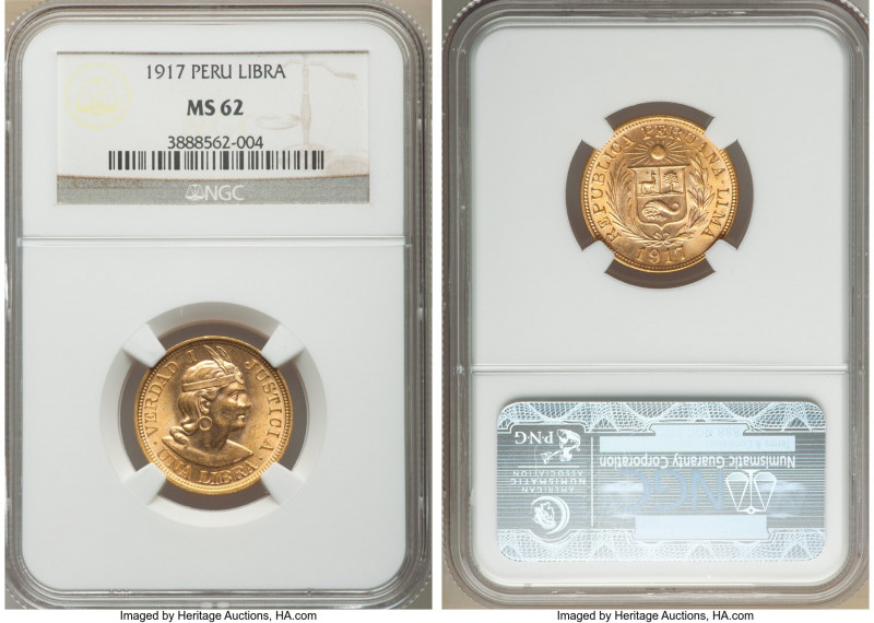 Republic gold Libra 1917 MS62 NGC, Lima mint, KM207. Lustrous with sharp strike....