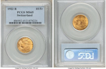 Confederation gold 10 Francs 1922-B MS65 PCGS, Bern mint, KM36. AGW 0.0933 oz. 

HID09801242017

© 2020 Heritage Auctions | All Rights Reserved