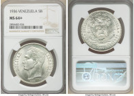 Republic 5 Bolivares 1936-(p) MS64+ NGC, Philadelphia mint, KM-Y24.2. Pearl gray toning with lightly muted luster. 

HID09801242017

© 2020 Herita...