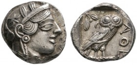 Attika. Athen. Tetradrachme nach 449 v. Chr. Athenakopf im attischen Helm nach rechts / Eule mit hersehendem Kopf nach rechts stehend vor Olivenzweig ...