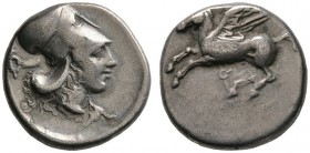 Korinthia. Korinthos. Stater ca. 386-307 v. Chr. Pegasus nach links fliegend, darunter Koppa / Kopf der Athena mit korinthischem Helm nach rechts, dav...