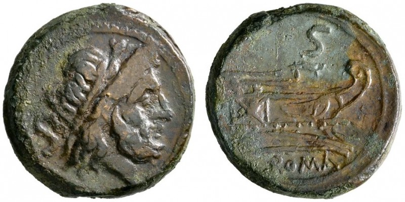 Römische Republik. Anonym nach 211 v. Chr. Semis -Rom-. Saturnkopf mit Lorbeerkr...