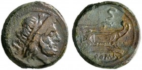 Römische Republik. Anonym nach 211 v. Chr. Semis -Rom-. Saturnkopf mit Lorbeerkranz nach rechts, dahinter Wert­zeichen S / Prora nach rechts, darüber ...