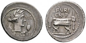 Römische Republik. L. Furius Cn.f. Brocchus 63 v. Chr. Denar -Rom-. Cereskopf mit Ährenkranz nach rechts, zu den Seiten III-VIR sowie Ähre und Gersten...