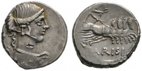 Römische Republik. T. Carisius 46 v. Chr. Denar -Rom-. Drapierte Victoriabüste nach rechts, dahinter SC / Victoria mit Kranz in der Rechten in Biga na...