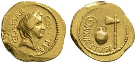 Imperatorische Prägungen. Julius Caesar †44 v. Chr. Aureus 46 v. Chr. -Rom-. Verschleierter Kopf der Pietas nach rechts, darum C CAESAR COS TER / Prie...