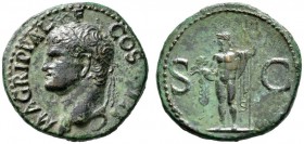 Kaiserzeit. Agrippa †12 v. Chr. As (unter Caligula) 37/41 -Rom-. M AGRIPPA LF COS III. Büste mit Rostal­krone nach links / Neptun mit Delphin und aufr...
