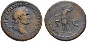 Kaiserzeit. Vespasianus 69-79. Sesterz 71 -Rom-. IMP CAES VESPASIAN AVG P M TR P P P COS III. Belorbeerte Büste nach rechts / ROMA. Roma mit Victorias...