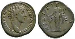 Kaiserzeit. Marcus Aurelius Caesar 138-161. Sesterz 140/144 -Rom-. AVRELIVS CAESAR AVG P II F COS. Bloße Büste nach rechts / HILARITAS. Hilaritas mit ...