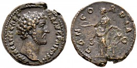 Kaiserzeit. Marcus Aurelius Caesar 138-161. Dupondius 145 -Rom-. AVRELIVS CAESAR AVG PII F COS II. Bloße Büste nach rechts / CONCORDIA. Concordia mit ...