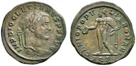 Kaiserzeit. Diocletianus 284-305. Folles 296 -Aquileia-. IMP DIOCLETIANVS P F AVG. Belorbeerte Büste nach rechts / GENIO POPVLI ROMANI. Genius mit Fül...