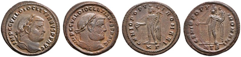 Kaiserzeit. Diocletianus 284-305. Lot (2 Stücke): Folles. Belorbeerte Büste nach...
