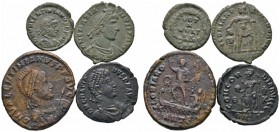 Kaiserzeit. Gratianus 367-383. Lot (4 Stücke): Bronzemünzen. AE-18 mm. Drapierte Panzerbüste mit Diadem nach rechts / Kaiser mit Standarte und Gefange...
