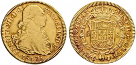 Chile. Ferdinand VII. von Spanien 1808-1821. 8 Escudos 1817 -Santiago-. CCT 99, KM 78, Fr. 29. 27,08 g feine Goldtönung, sehr schön/sehr schön-vorzügl...