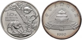 China-Volksrepublik. 50 Yuan 1990. Zwei Pandas. KM 273. 155,5 g (5 Unzen Feinsilber) verkapselt, Polierte Platte